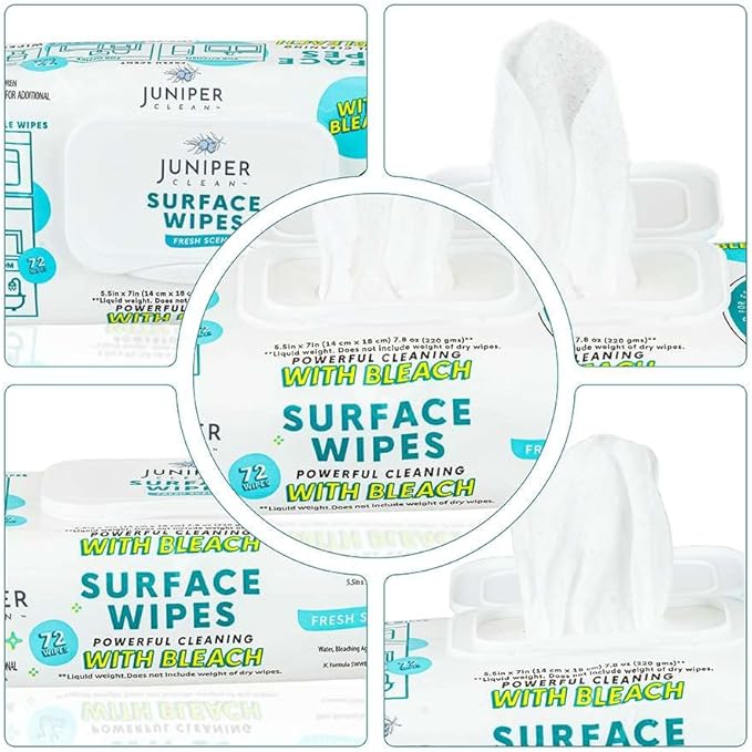 Juniper CLEAN 6 Pack Surface Cleaning Wipes with Bleach, All-Purpose Cleaner for Bathroom, Kitchen, Office, 72 Count Soft Flow, Fresh Scent, Lint Free & Durable