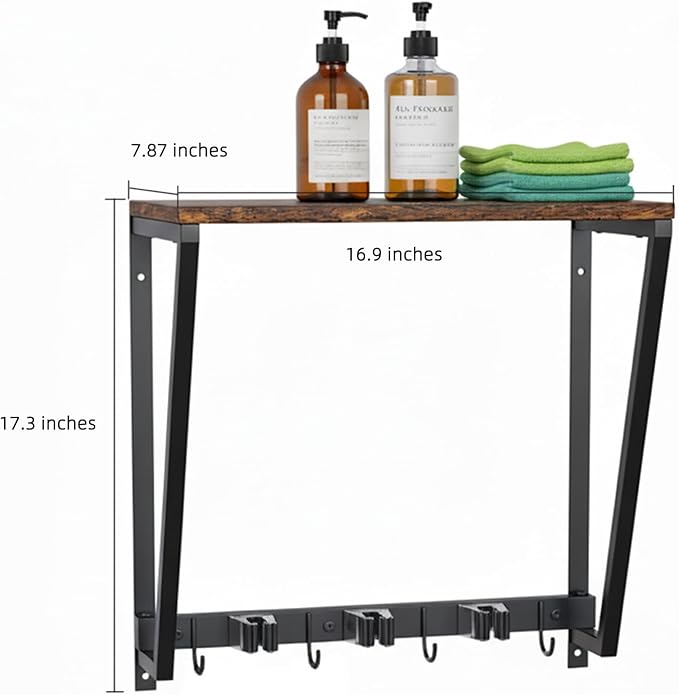 Broom Holder Wall Mount with 3 Storage Slots & 4 Utility Hooks, Rustic Wood All-in-One Mop Hanger, Cleaning Supplies Organizer and Tool Storage Rack for Laundry Room, Kitchen, Garage, Garden, Closet