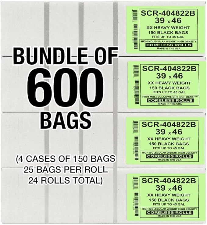 Aluf Plastics 45 Gallon 22 Micron (eq) Black Trash Bags - 39" x 46" For Home, Office, & Bathroom (Pack of 600)