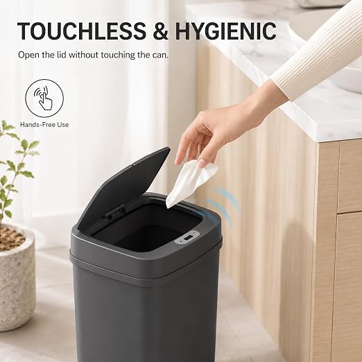 DZT-12-5S Smart Motion Sensor Trash Can 10.3 * 7.8 * 14.1inch | 0.3s Fast Opening, Auto Close & Touch-Free Operation for Home and Office (Black)