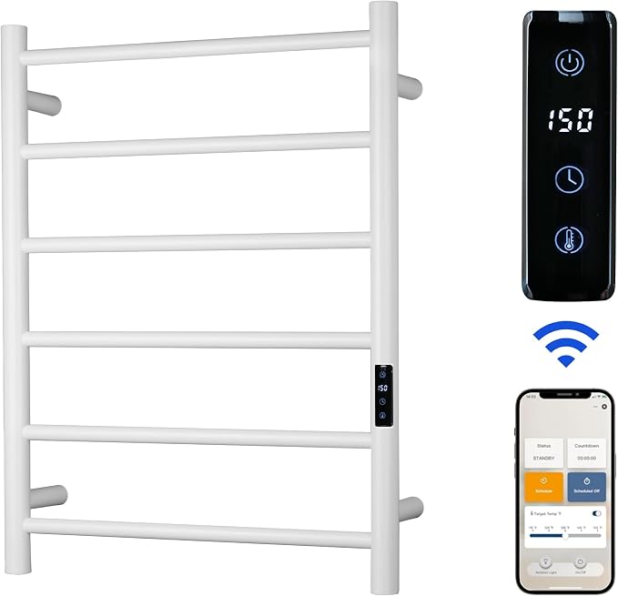 Electric Towel Rack with Voice Control for Alexa & Google Home,TUYA-Wall-Mounted Bathroom Heating Towel Warmer,Plug-in,26.77x20.47x4.39in,Stainless Steel Material,White,6 Bars