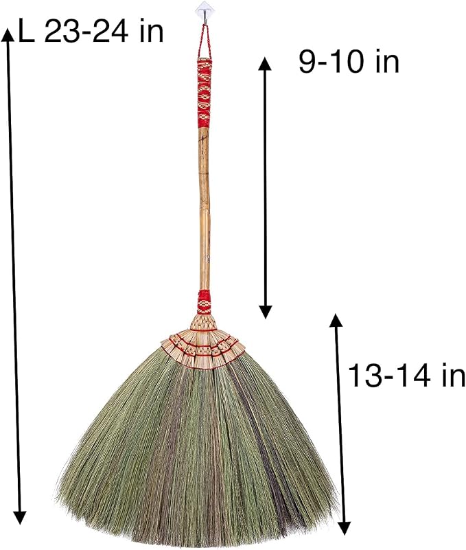 (Tiny Size) 23 inch Overall Tall x 16 inch Width of Asian Hand Broom Tiny Whisk Broom Bamboo Stick with Embroidery Woven Nylon Thread top and Bottom Handle Red or Green Color on Random