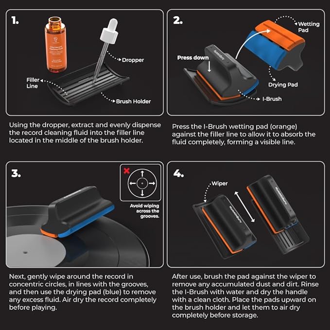 HumminGuru I-Brush Vinyl Record Cleaning Kit, Anti-Static Vinyl Record Cleaner Kit with Dual Velvet Pads Vinyl Record Brush + Alcohol-Free Record Cleaning Solution + LP Brush Holder (Orange: I-Brush)