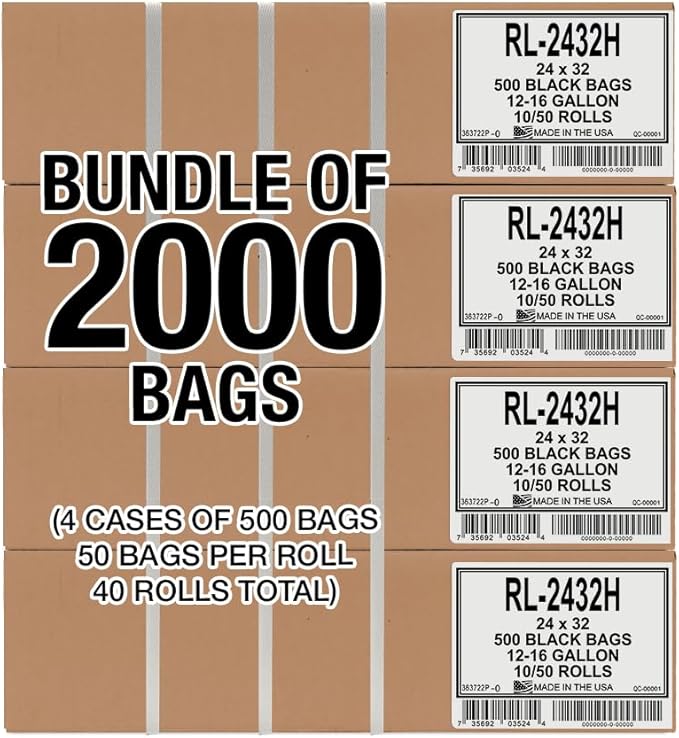 Aluf Plastics T-Tough Roll Pack Low Density Repro Blend Star Seal Coreless Rolls Bag, 12-16 Gallon 1.0 Mil, 32" Length x 24" Width, H Strength, Black (Pack of 2000)
