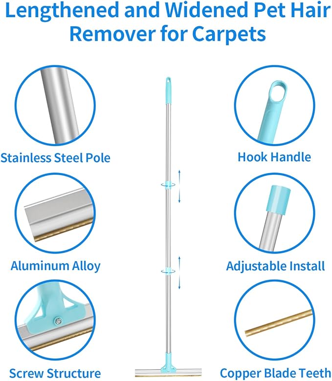 Carpet Rake for Pet Hair Removal 36-55" Adjustable Rake to Fluff Matted Carpet & Remove Dog Cat Hair, Stand-Up Cleaning Tool for Under Furniture & Large Areas, No-Bend Design