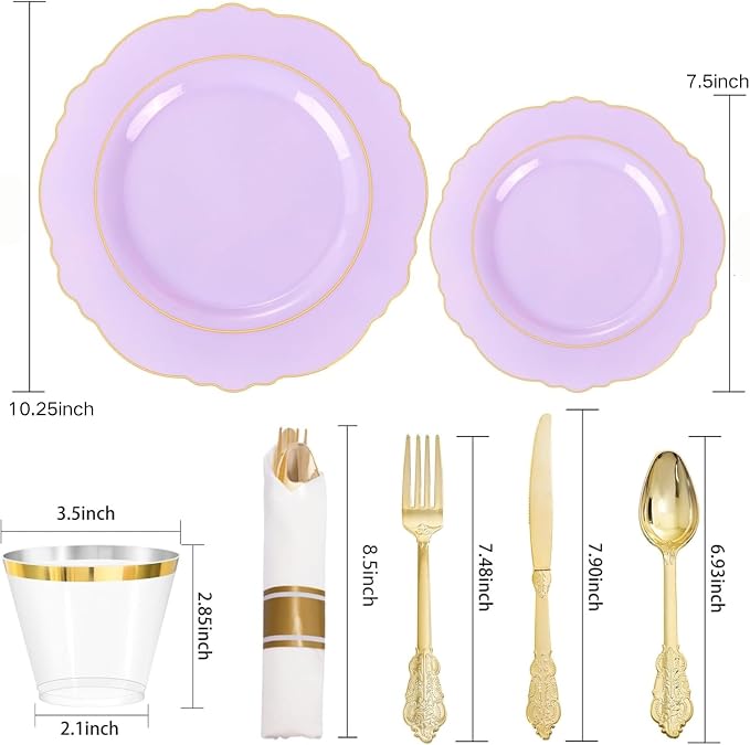 Liacere 350PCS Purple Plastic Plates - Disposable Lavender Plates 50guest Plastic Dinnerware include 100Light purple Plates,50Pack Pre Rolled Napkins Silverware 50Cups for Wedding & Party