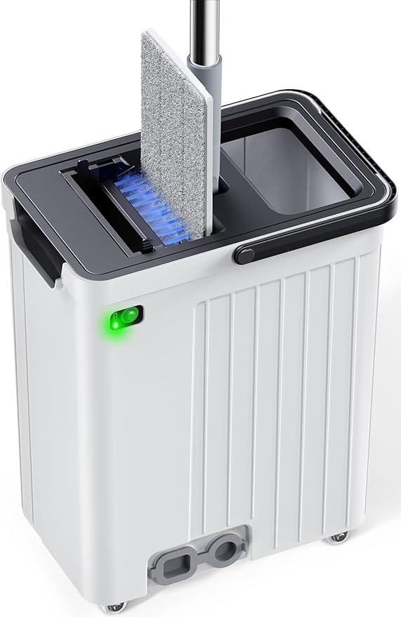 Mop and Bucket Set | Auto-Spray Cleaning | Dirty Water Separation Keep Water Fresh | Flat Mop & Bucket with Wringer | 3x Washable Pads | High-efficiency Cleaning for All Floors Tile Wall Window