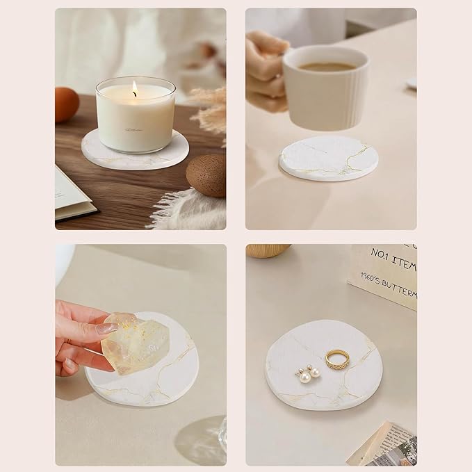 Diatomaceous Earth Coasters Set of 4,Super Absorbent Quick-Dry Heat-Resistant Drink and Coffee Coasters, Modern Stone Irregular Design for Kitchen Counter and Coffee Table (White Coaster)