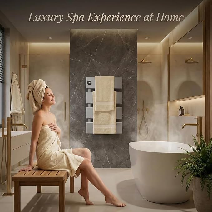 L Series Electric Towel Warmer for Bathroom, 3 Panel, Silver | Thermo Control and Timer, Fast Heat in 3 Mins, Dry Towels in 4 hrs, Memory Function, Work with Smart Plug, Left-Wiring