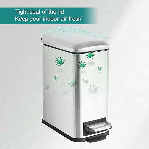 Small Bathroom Trash Can with Lid, 1.3 Gallon Stainless Steel Trash Can with Removal Inner Bucket, Soft Close Lid, Step Pedal, Compact Trash Bin for Bedroom, Office, Kitchen (Silver)