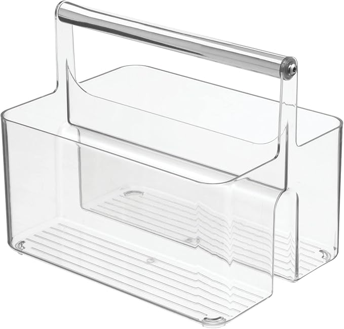 mDesign Plastic Shower Caddy Storage Organizer Utility Tote, Divided Basket Bin - Metal Handle for Bathroom, Dorm, Kitchen, Holds Soap, Shampoo, Conditioner - Aura Collection - Clear/Chrome