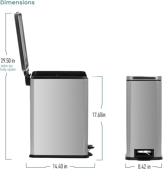 Home Zone Living 4 Gallon Stainless Steel Slim Kitchen Trash Can | Stainless Steel with Soft-Close Step Pedal Lid, Bag Tuck Band for Easier Bag Changes, Rectangular Shape, Silver