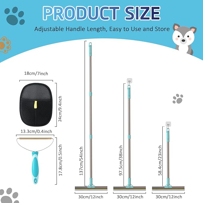 Pet Hair Remover for Carpet, Carpet Rake for Pet Hair Removal with 54" Adjustable Handle, Reusable Dog Hair Remover Broom with Copper Teeth & TPU Brush for Rugs, Couch, Mats and Pet Beds