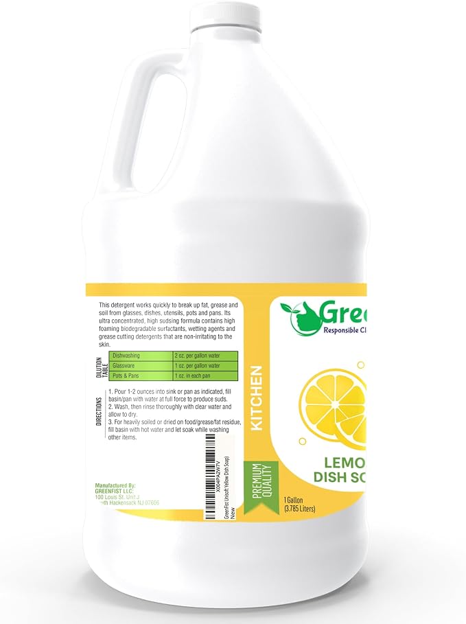 GreenFist Dish Soap Professional Detergent Liquid Pot & Pan Dish-Wash - Light or Heavy Use (Lemon, 1 Gallon)