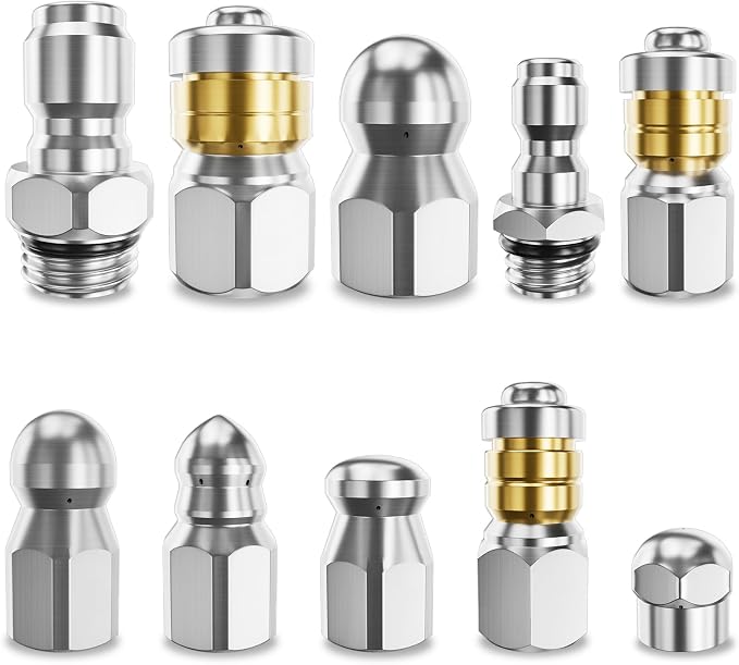 Jetter Heads Kit (Pack of 10) Jetter Nozzle Kit Rotating Button Drain Cleaning Nozzle Tips for Pressure Washer Sewer Jetter Kit Stainless Steel Pressure 5000 PSI