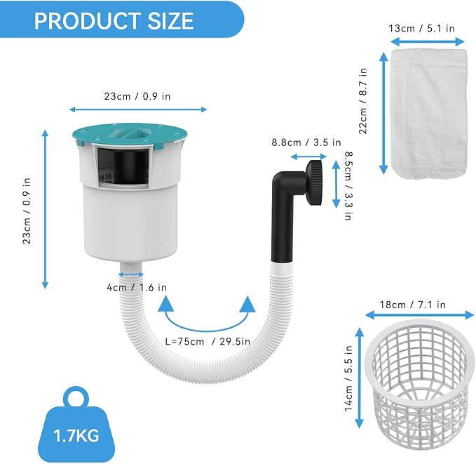 Surface Float Skimmer,2025 Upgrade,No Installation Required, no Adjustable Bracket Required,Comes with 50 Filter Socks, Perfect for Women ((((Turquoise))))