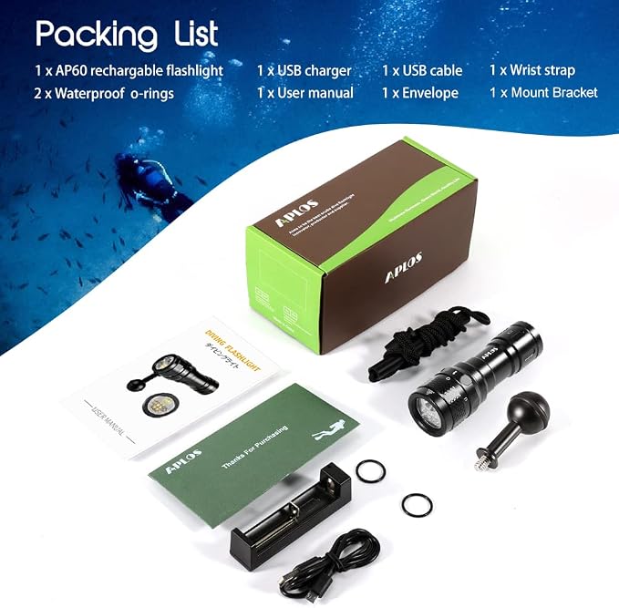 APLOS AP70 Scuba Diving Flashlight, 6000 Lumen Dive Light, Waterproof Underwater Dive Torch with Rechargeable 5000mAh Battery & Charger
