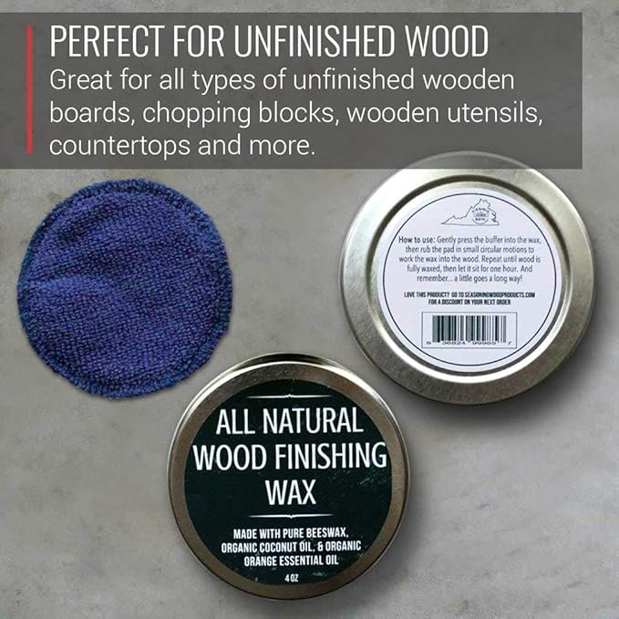 Wood Wax - Applicator included - made with Coconut Oil and Beeswax - Food Grade - for Cutting Board, Bowl, wooden utensils