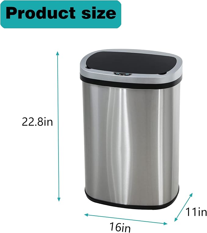 PayLessHere 13 Gallon / 50 Liter Trash Can Stainless Steel Touchless Trash Bin Oval Shape Office Waste Bin for Kitchen Bathroom Bedroom Living Room with Lid Powered by Batteries (not Included)