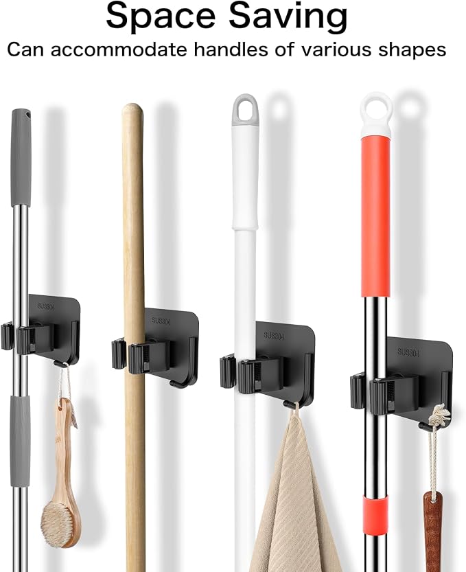 NACENA Broom and Dustpan Set & No Drill Self Adhesive Broom Mop Holder Wall Mount with Hooks 52-in Long Adjustable Handle Broom Dustpan Combo