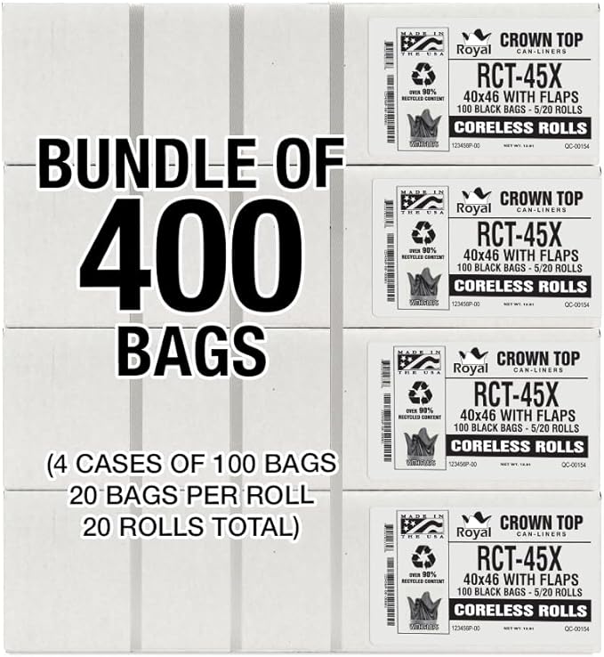 Aluf Plastics RCT-45X Star Sealed Coreless Rolls with E-Z Tie Flap Closure, 45 gal, Polyethylene, 40" x 46", Black (Pack of 400)