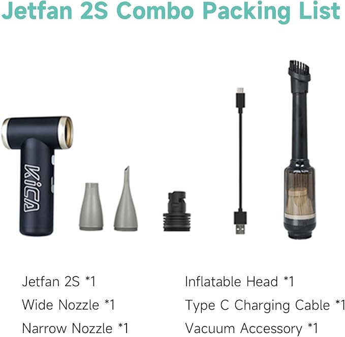 KiCA JetFan 2S Combo Compressed AirCan Substitute,117000RPM Air Duster Electric Blower for ComputerKeyboard Cleaning,Hair Drying,Camping,Outdoors,Car,Barbershop,Handmade,Rechargable,Metal Body,Black