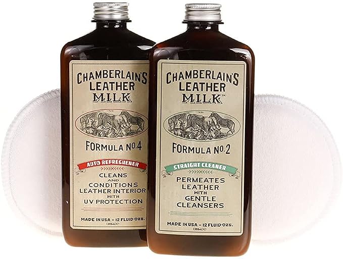 Leather Milk Auto Leather Cleaner & Conditioner Kit (2 Formula Car Detailing Set) - Straight Cleaner No. 2 + Auto Refreshener No. 4 - All Natural, Non-Toxic. Made in USA. Includes 2 Detailing Pads!