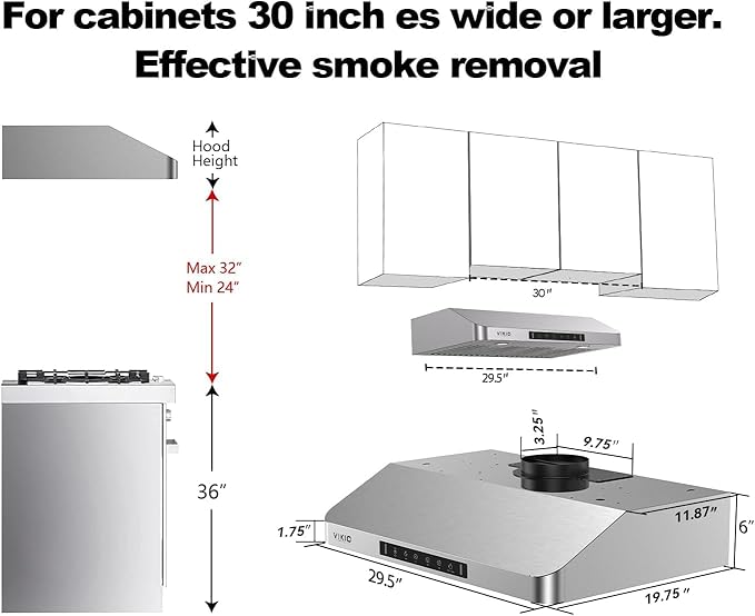 VIKIO HOME 30 Inch Under Cabinet Range Hood, 980CFM Fast Venting Ducted, Kitchen Hood With 3 Speed Gesture Sensing & Touch Control, Stainless Steel Stove Hood With LED Light And 2 Baffle Filters
