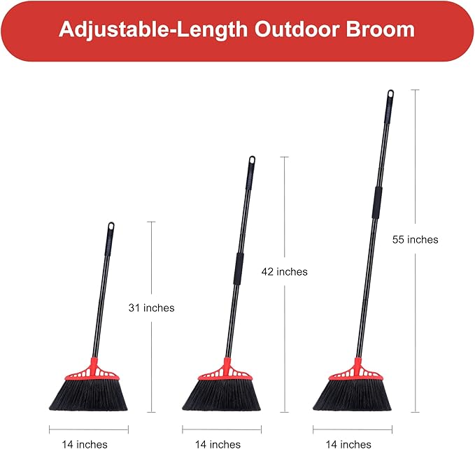 Tiumso Heavy Duty Angle Broom - 55" Adjustable Iron Handle with Stiff Bristles - Commercial-Grade Indoor/Outdoor Broom for Garage, Patio, Kitchen, Sidewalk & Concrete Cleaning (Black & Red)