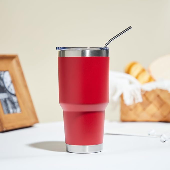 MEWAY 30oz Insulated Tumbler With Lids and Straws,Stainless Steel Double Vacuum Coffee Tumbler Cup, Brush, Durable Powder Coated Coffee Cup for Cold & Hot Drinks, Office, Travel(Coral red,8 PACK)