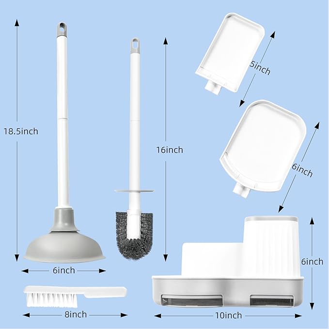 Silkyhose Toilet Brush and Plunger, 3 in 1 Toilet Bowl Brush and Holder with Crevice Cleaning Brush Wall Mounted Household Bathroom Cleaning Tools Combo Set(White-Gray)