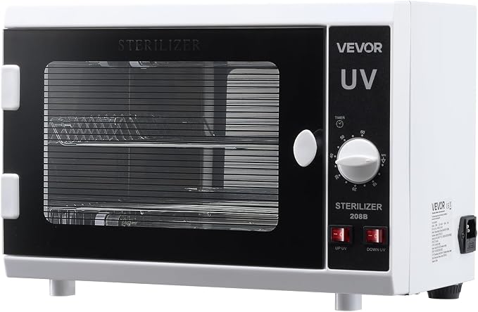 VEVOR Nail Tool Cleaning Machine, 12L Large Capacity, Knob Control, Tool Cabinet Cleaner Box with Timer Setting, Tempered Glass Door, 185nm Wavelength, for Labs, Home, Nail Salons, Beauty Salons