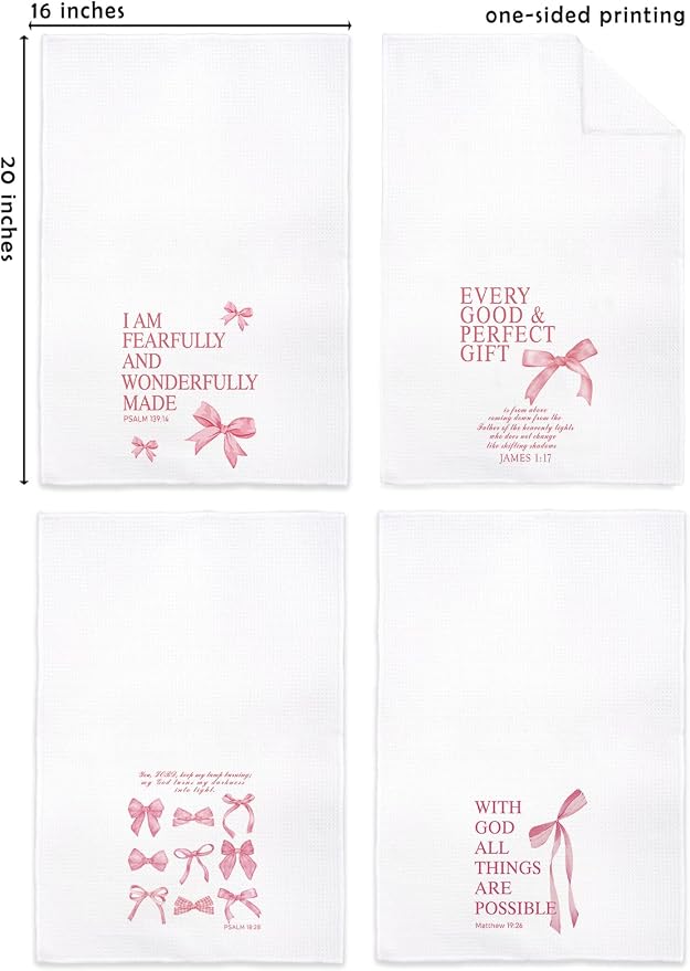 4 Pcs Coquette Pink Bow Bible Verse Hand Towels for Bathroom, Christian Gifts for Women Girls, Inspirational Bible Verse Bathroom Decor Hand Towels, Dishcloth4 Kitchen Towels, 16x24 Inch