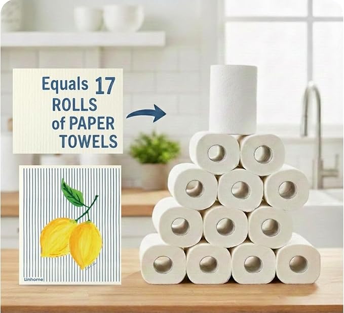 Lemon Collection Swedish Dishcloth, Reusable Paper Towel, Super Absorbent Cellulose Sponge, Kitchen Cleaning Cloth, Washable & Compostable (Lemon Zest Stripe 1 Pack)