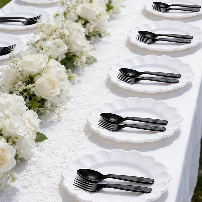 MOACOCK 200 Count Black Plastic Silverware, Heavy Weight Plastic Forks Spoons, Disposable Utensils Cutlery Set for Wedding Party Supplies Everyday Use