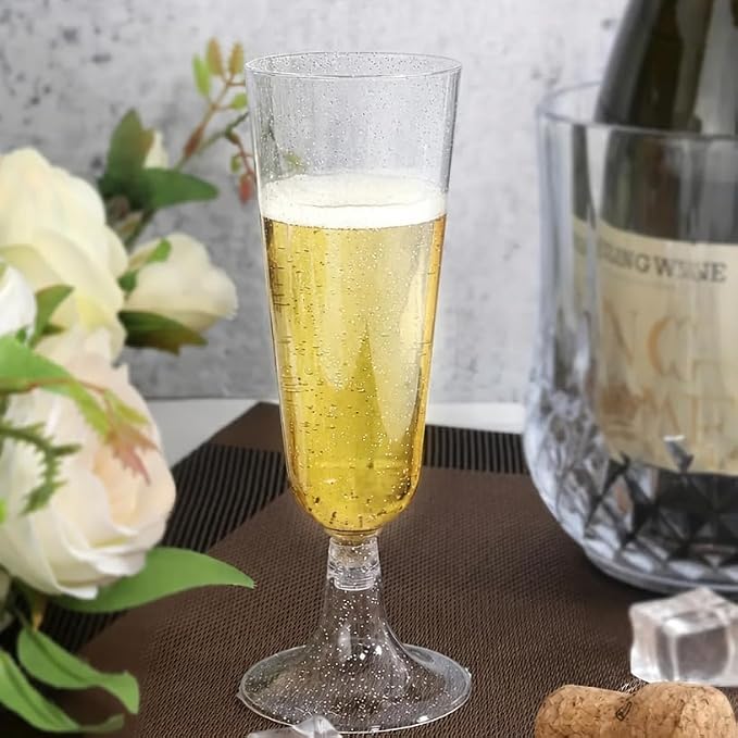 50 Pack Plastic Champagne Flutes 5.5oz Silver Glitter Disposable Suitable for Wedding, Birthday Party, Thanksgiving Day, Christmas Supplies