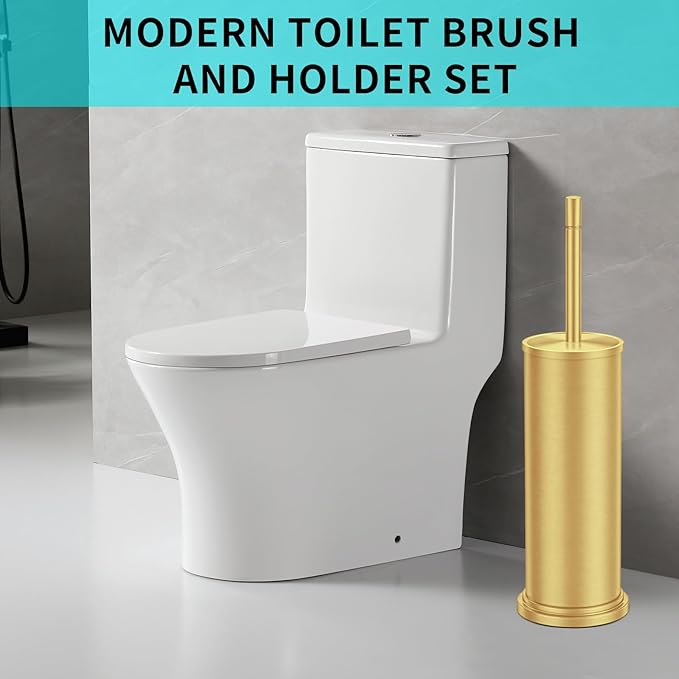 Gold Toilet Brush and Holder Set,304 Stainless Steel Toilet Brush for Bathroom with Long Handle, Heavy Duty Brass Toilet Bowl Brush,Removable Inner Bowl and Splash Protection,Deep Cleaning
