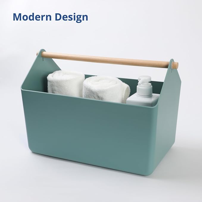 BLUE GINKGO Large Storage Basket – Plastic Caddy with Wooden Handle for Bathroom, Pantry, or Cleaning Supplies (Green)