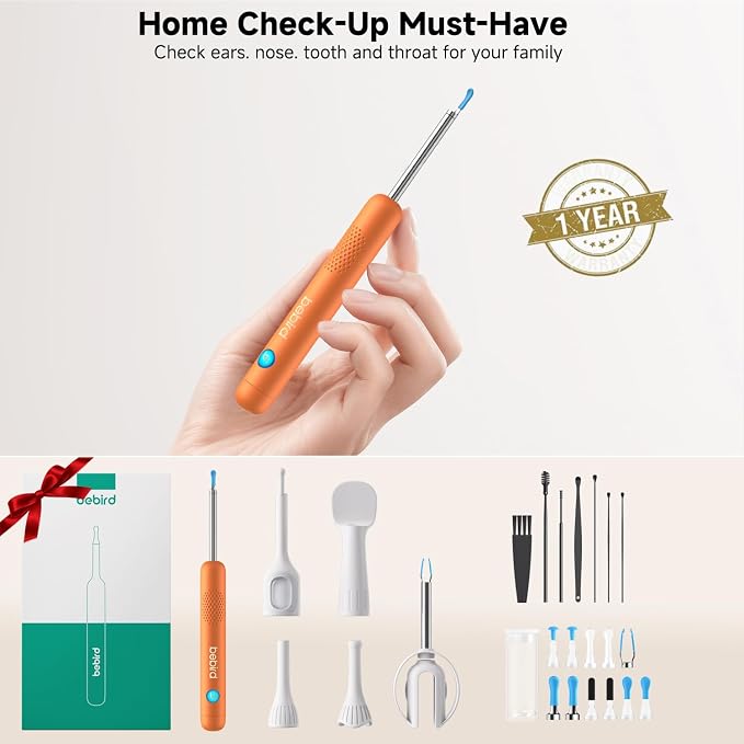 BEBIRD R1 Ultra Ear Wax Removal, Ear Cleaner with Camera Ear Scope, Wax Remove Ear Pick with Ear Otoscope Tweezers, Visual Dropper Cleaning Kit, Ear/Nose/Throat Examination Tool for Family, Orange