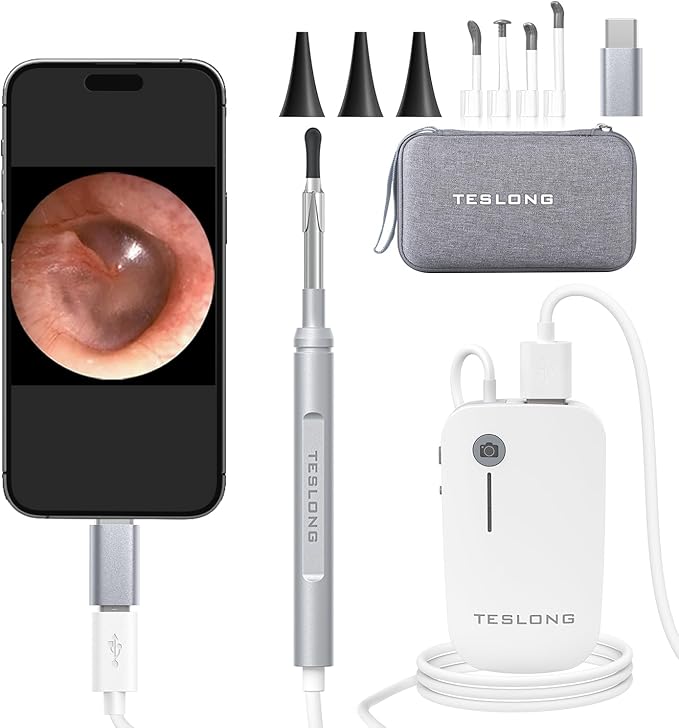 Teslong Digital Otoscope with Light, 1080p HD Ear Camera with Ear Wax Removal Tools, Video Ear Scope Otoscope with Light, Compatible with iPhone15, iPad, Android Phone, USB, Ear Picks, Waterproof