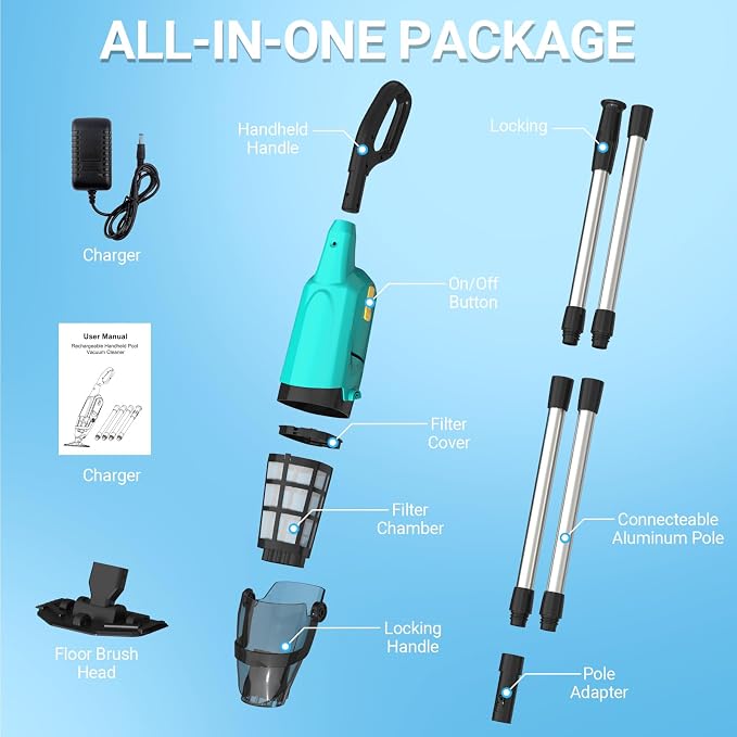 Pool Vacuum for Above Ground Pool, 18GPM Powerful Suction/87β Extension Pole/60Mins Runtime, Spot Fast Cleaning Cordless Handheld Pool Vacuum Cleaner for Spas Inground Above Ground Pool Vacuums