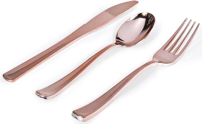 75-Pcs Heavy Duty (Rose Gold) Plastic Silverware Set, Disposable Cutlery Set, Great for Parties, Weddings, and Catering, Flatware Utensils Included: 25 Forks, 25 Spoons, 25 Knives, Packaging May Vary