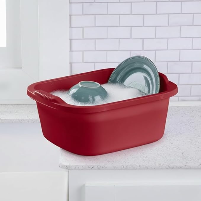 2 Pack Plastic Wash Tub Dishpan Basin and Foot Bath for Soaking Feet, Laundry Hand Wash Bucket, Dish Pans for Washing and Storage Cleaning Supplies - 12 Quarts - Heavy Duty - Red