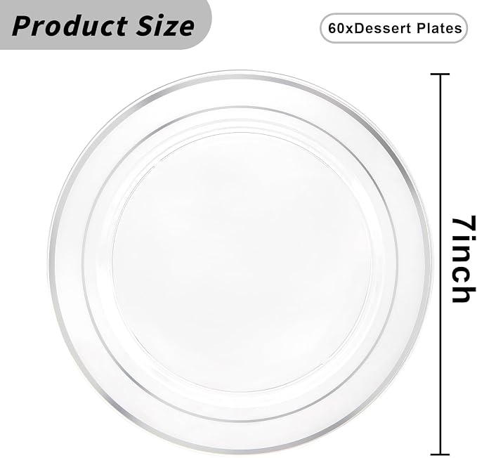 I00000 60PCS Clear and Silver Disposable Plates,Clear Plates with Silver Rim 7 Inch,Heavy Duty Plastic for Wedding Birthdays Party