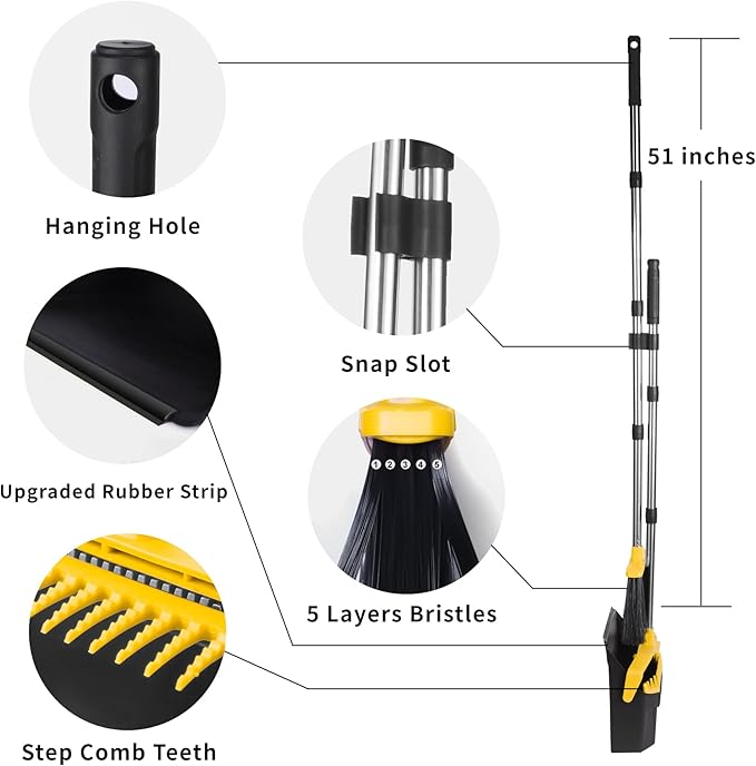 Tiumso Broom with Dustpan Combo Set, Brooms and Dustpans Sets with 51'' Long Handle, Large Dust Pan and Broom, Self-Cleaning Dustpan Teeth for Lobby Kitchen Office - Black and Yellow