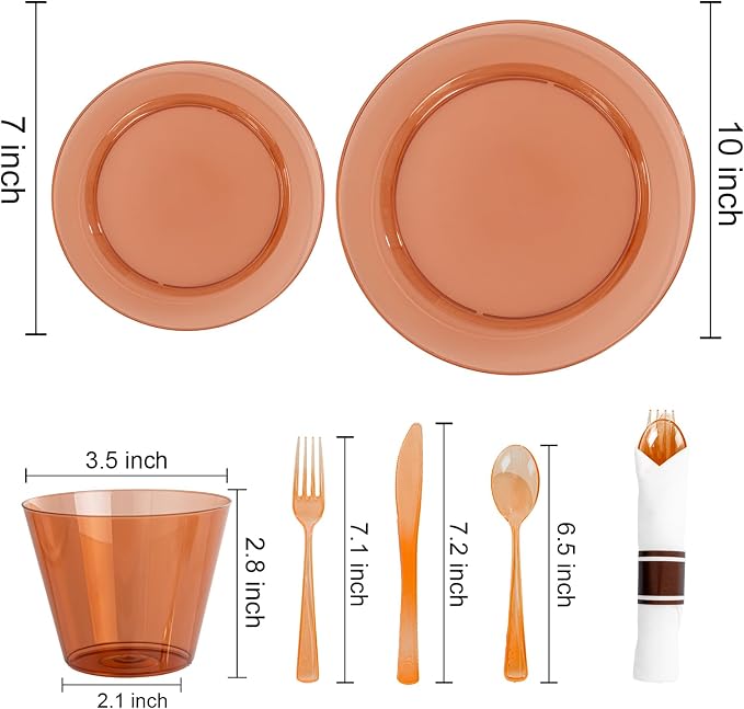 DaYammi 350Pcs Clear Amber Dinnerware Set 50 Guest for Party Amber Plates Disposable - 50 Dinner Plate, 50 Dessert Plate, 50 Per Rolled Napkins with Cutlery, 50 Plastic Cups 9 OZ for Party Wedding