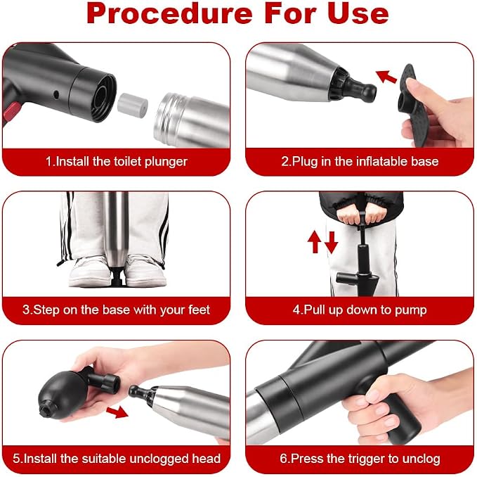 High Pressure Toilet Plunger, 60CM Long Handle Air Drain Blaster with Barometer, 0.4Mpa Powerful Unclogger for Toilet Sink Shower Floor Drain, Splash-Proof Heavy Duty Plumbing Tool (Black)