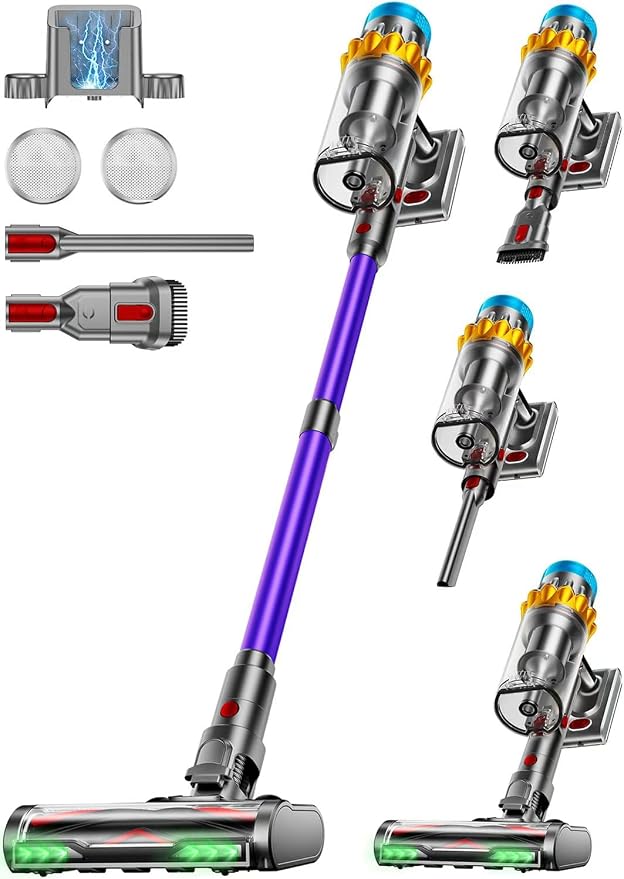 Cordless Vacuum Cleaner, 650W 55KPA 75Min Powerful Vacuum Cleaners for Home, Self-Standing Stick Vacuum Cordless Rechargeable/Anti-Tangle/OLED Screen/1.8L Cup for Home Pet Hair (Grey Purple)