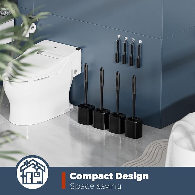 Holaloha Toilet Brush, 4 Pack Toilet Brush and Holder Set Bathroom Accessories, Toilet Bowl Brush and Holder with 4 Crevice Brush for Bathroom, Toilet Scrubber Brush, Black