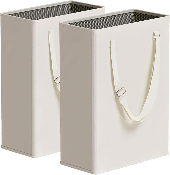 Slim Laundry Hamper with Adjustable Long Handles, 45L Small Laundry Baskets with Mesh Top, Narrow Dirty Clothes Hamper for Bedroom, Closet, and Bathroom - Beige, 2 Packs